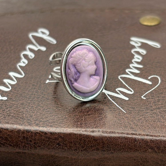 Handmade Purple Cameo Ring Adjustable Stainless Steel Vintage Inspired - Picture 1 of 10